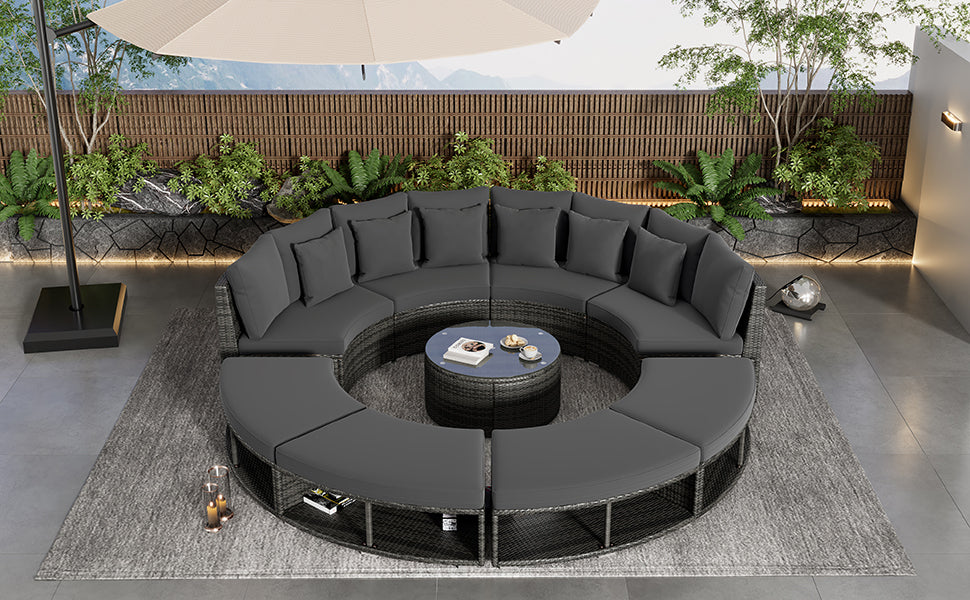 Luxury Circular Outdoor Sofa Set - 9-Piece Rattan Wicker Sectional Sofa Lounge Set with Coffee Table and 6 Pillows, Grey