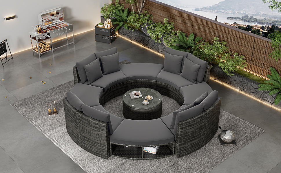 Luxury Circular Outdoor Sofa Set - 9-Piece Rattan Wicker Sectional Sofa Lounge Set with Coffee Table and 6 Pillows, Grey