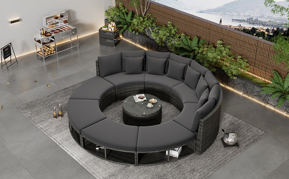 Luxury Circular Outdoor Sofa Set - 9-Piece Rattan Wicker Sectional Sofa Lounge Set with Coffee Table and 6 Pillows, Grey