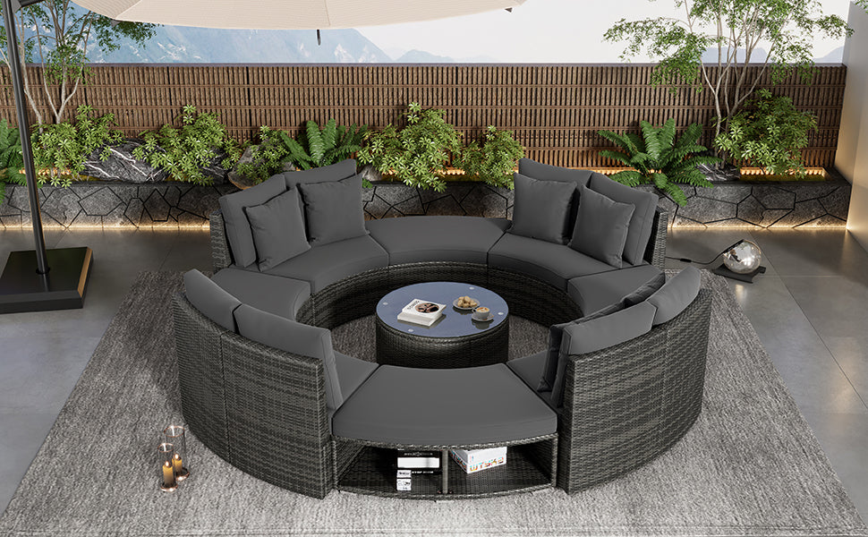 Luxury Circular Outdoor Sofa Set - 9-Piece Rattan Wicker Sectional Sofa Lounge Set with Coffee Table and 6 Pillows, Grey