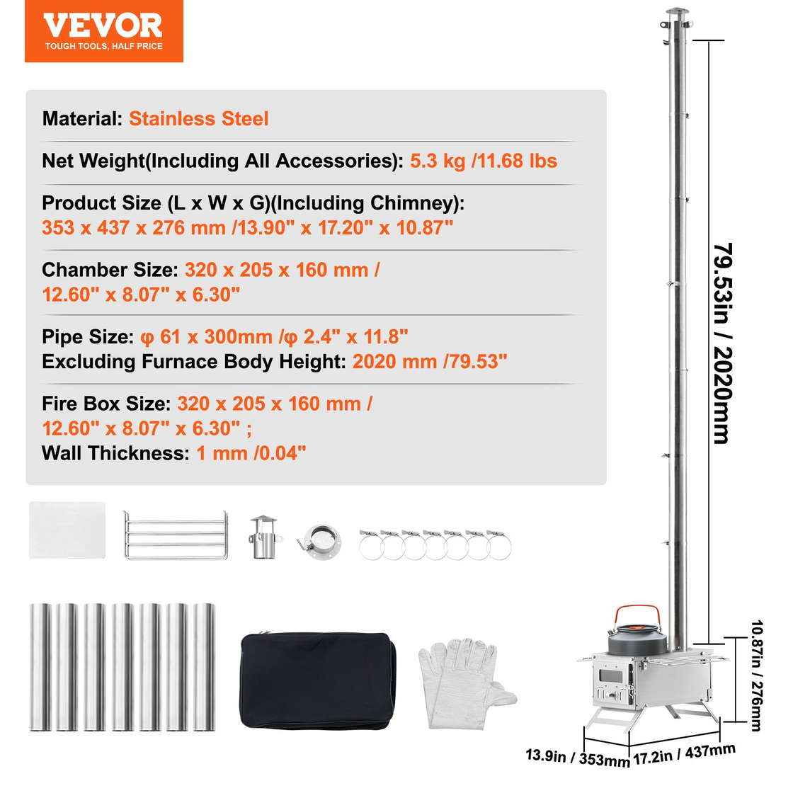 VEVOR Wood Stove, 80 inch, Stainless Steel Camping Tent Stove