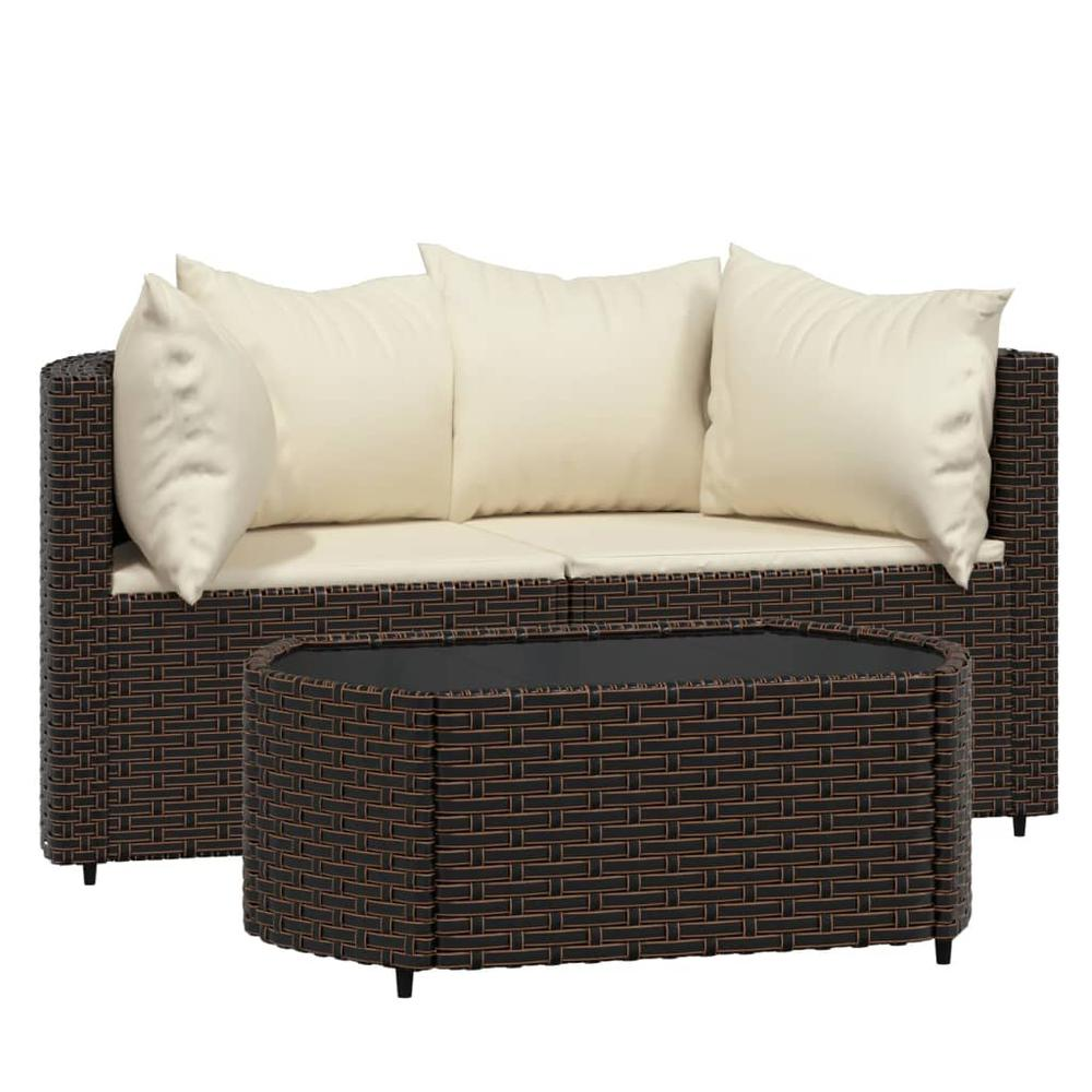 3 Piece Patio Lounge Set with Cushions Brown Poly Rattan