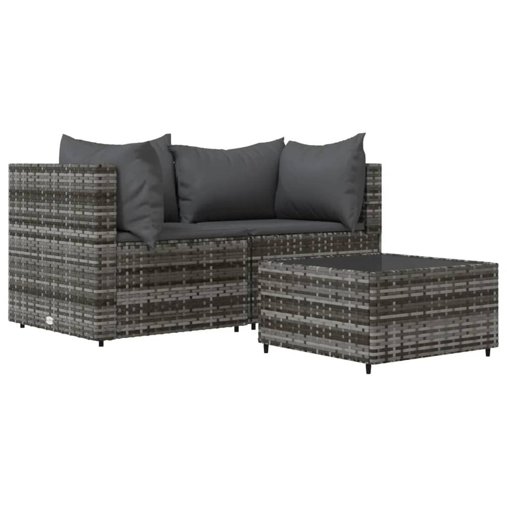 3 Piece Patio Lounge Set with Cushions - Grey Poly Rattan | Outdoor Furniture