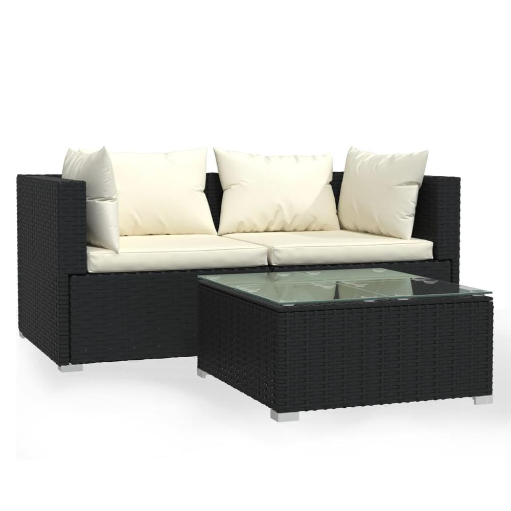 Patio Furniture Set 3 Piece with Cushions - Black Poly Rattan | Outdoor Lounge Set