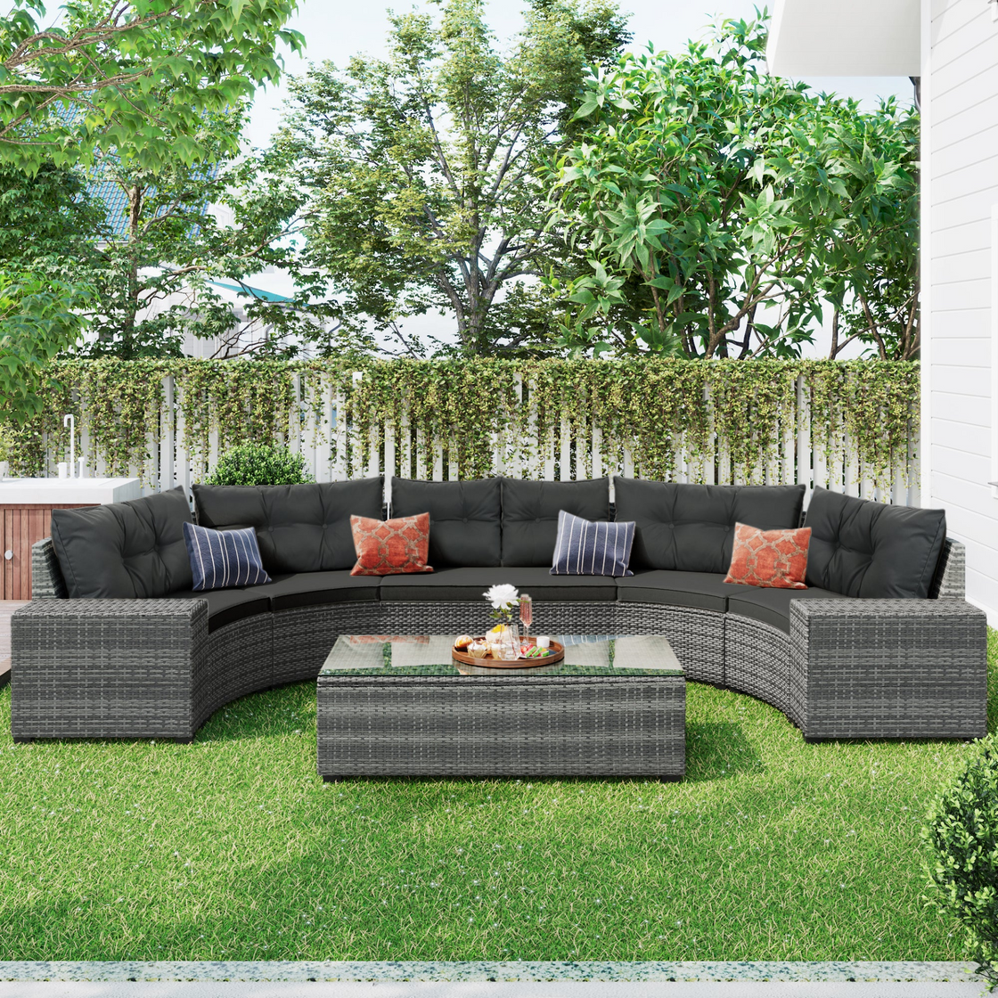 8-Pieces Outdoor Wicker Round Sofa Set, Half-Moon Sectional Sets - Gray