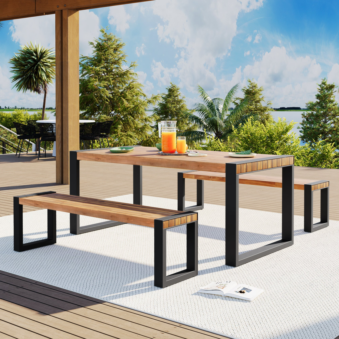 3-Piece Outdoor Dining Table Set with 2 Benches | Unique Top Texture, Acacia Wood & Steel Frame | All Weather Use | For Outdoor & Indoor | Natural