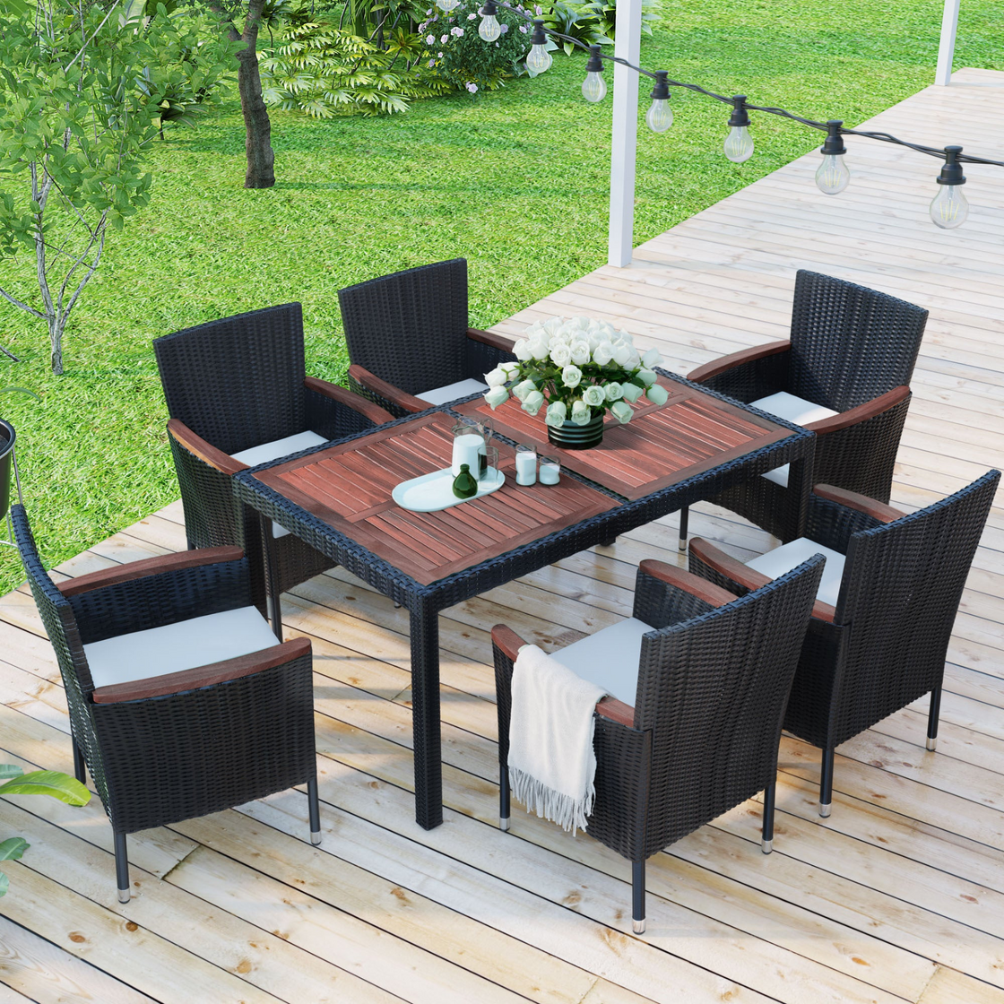 7-Piece Outdoor Patio Dining Set, Garden PE Rattan Wicker Dining Table and Chairs Set, Acacia Wood Tabletop, Stackable Armrest Chairs with Cushions, Reddish-brown