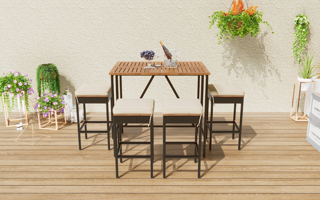 5-Piece Outdoor Acacia Wood Bar Height Table And Four Stools With Cushions - Brown