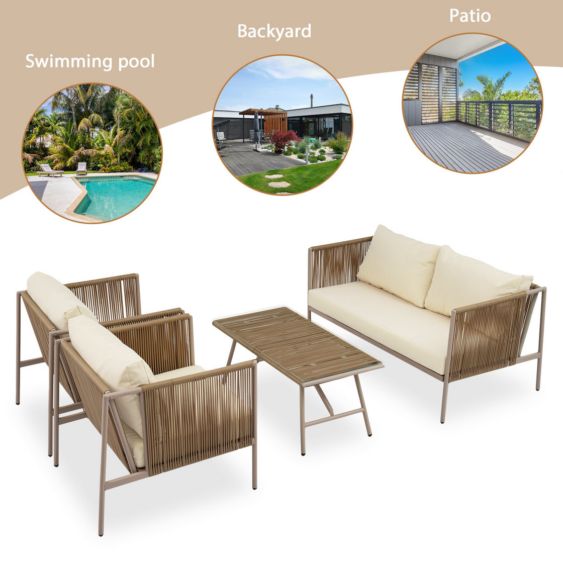 4-Piece Rope Sofa Set with Thick Cushions and Toughened Glass Table - All-Weather Patio Furniture Set For 4 Person With Loveseat, Beige