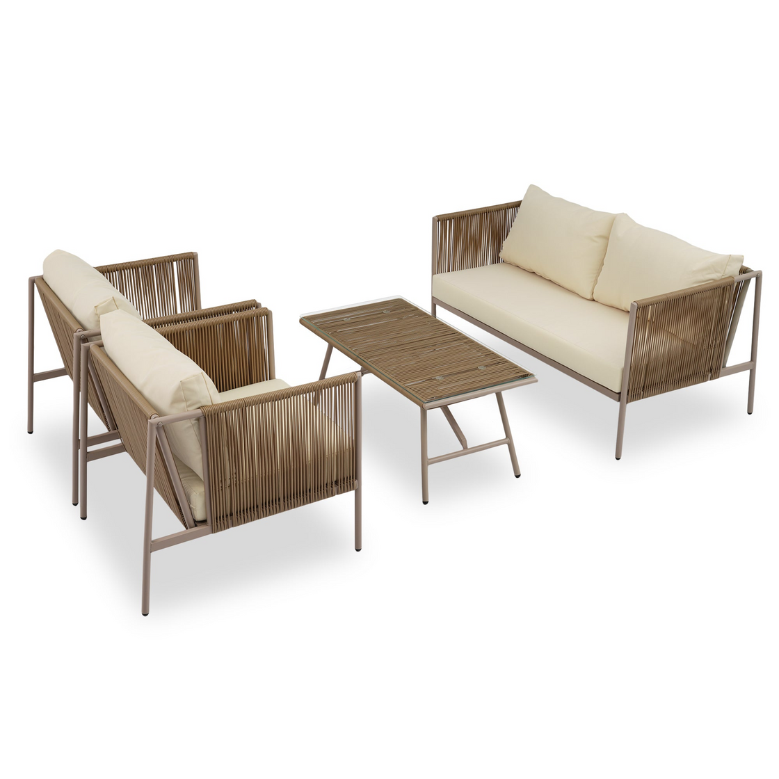 4-Piece Rope Sofa Set with Thick Cushions and Toughened Glass Table - All-Weather Patio Furniture Set For 4 Person With Loveseat, Beige