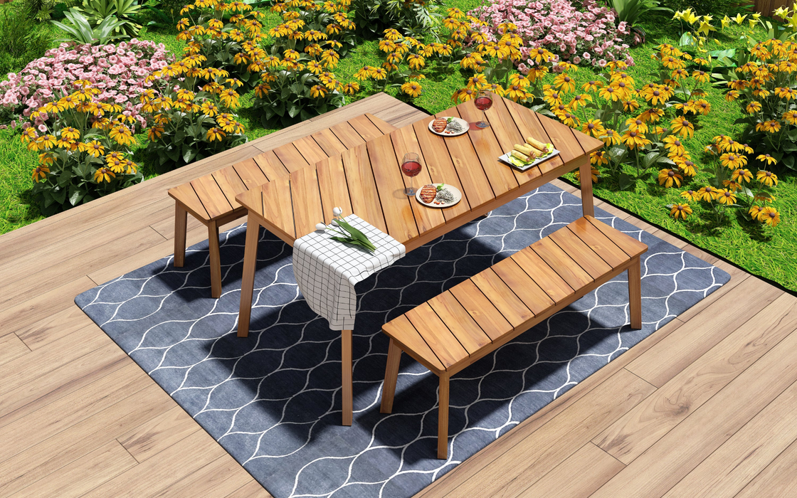 3 Pieces Acacia Wood Table Bench Dining Set For Outdoor & Indoor Furniture With 2 Benches, Natural