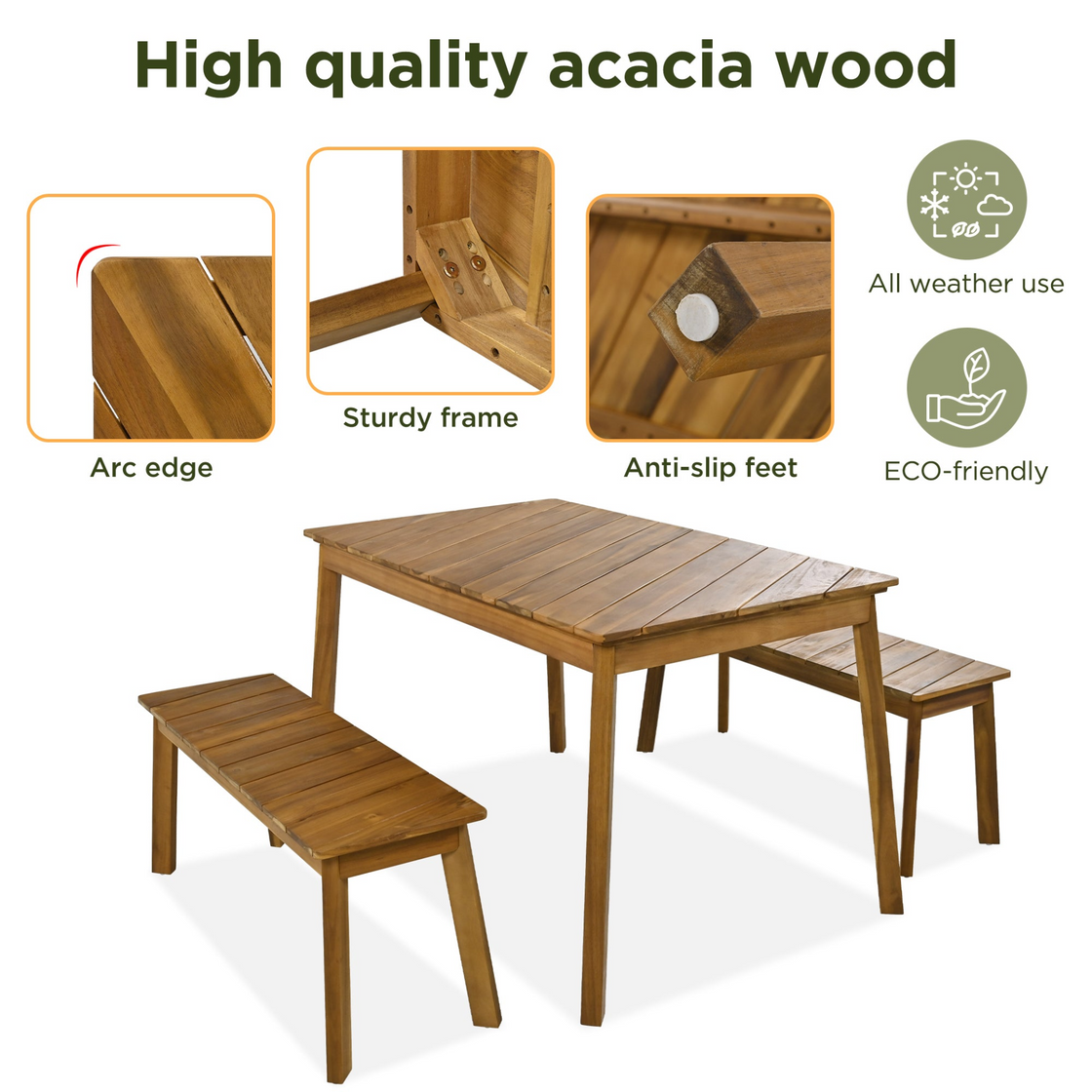 3 Pieces Acacia Wood Table Bench Dining Set For Outdoor & Indoor Furniture With 2 Benches, Natural
