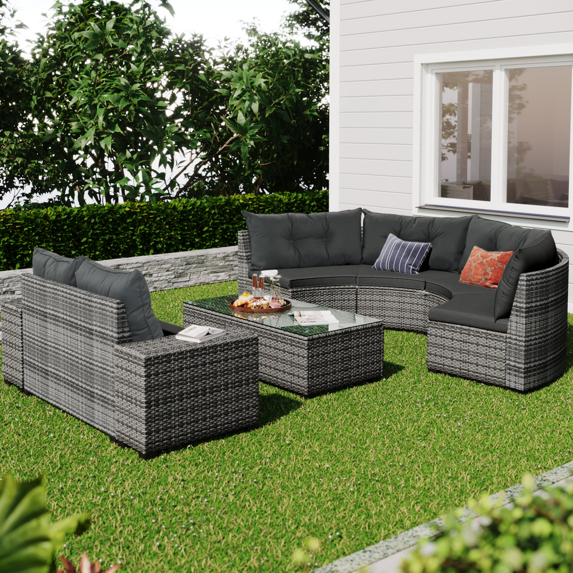 8-Pieces Outdoor Wicker Round Sofa Set, Half-Moon Sectional Sets - Gray