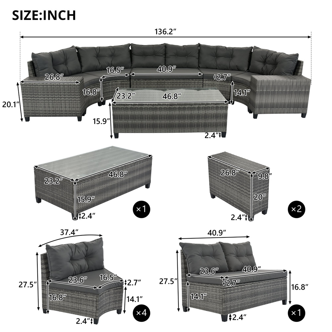 8-Pieces Outdoor Wicker Round Sofa Set, Half-Moon Sectional Sets - Gray