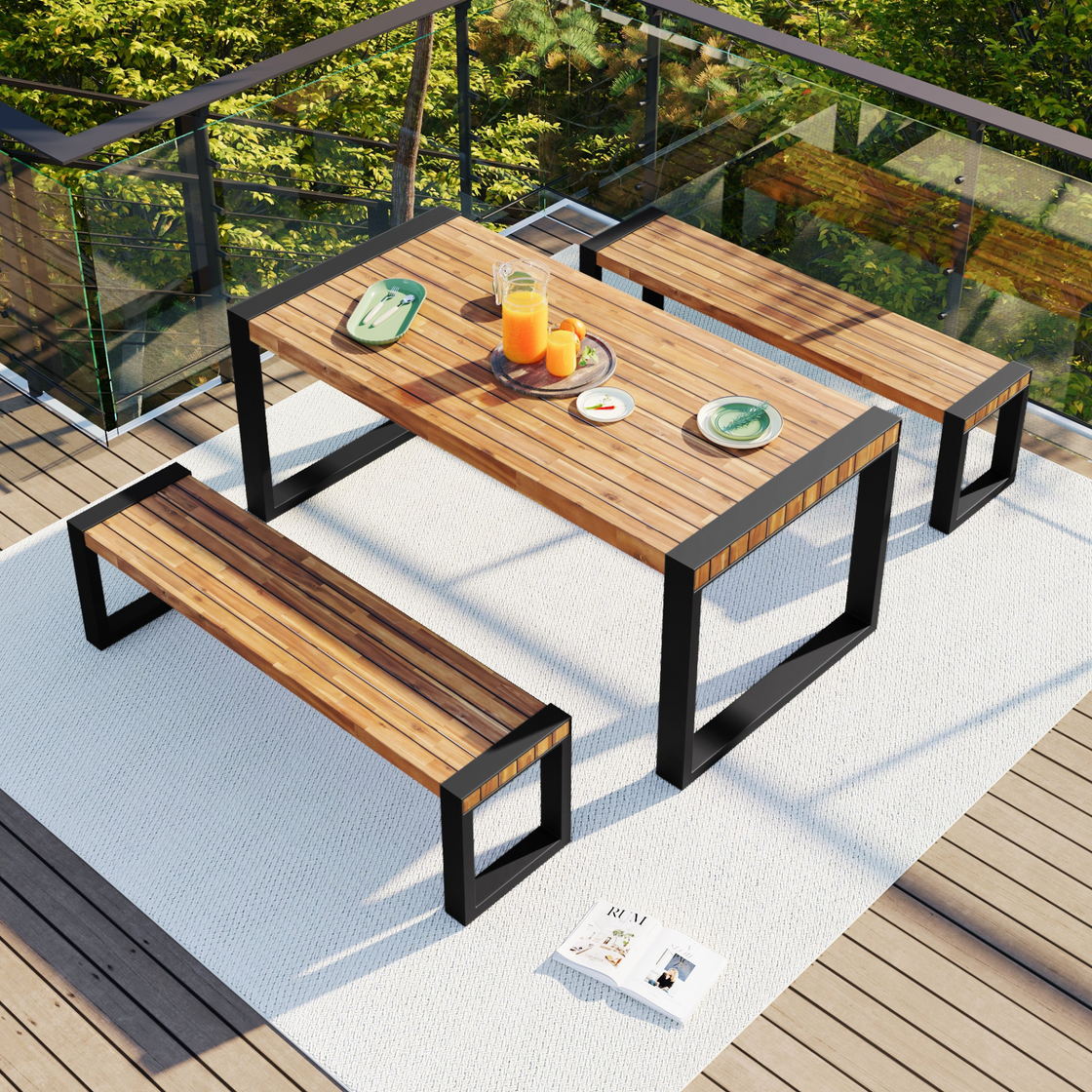 3-Piece Outdoor Dining Table Set with 2 Benches | Unique Top Texture, Acacia Wood & Steel Frame | All Weather Use | For Outdoor & Indoor | Natural