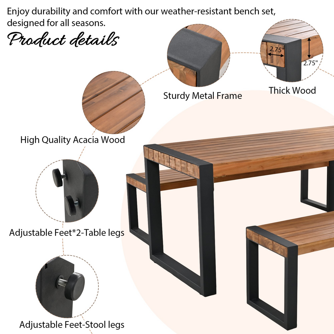 3-Piece Outdoor Dining Table Set with 2 Benches | Unique Top Texture, Acacia Wood & Steel Frame | All Weather Use | For Outdoor & Indoor | Natural