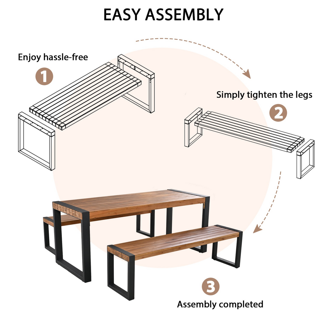 3-Piece Outdoor Dining Table Set with 2 Benches | Unique Top Texture, Acacia Wood & Steel Frame | All Weather Use | For Outdoor & Indoor | Natural