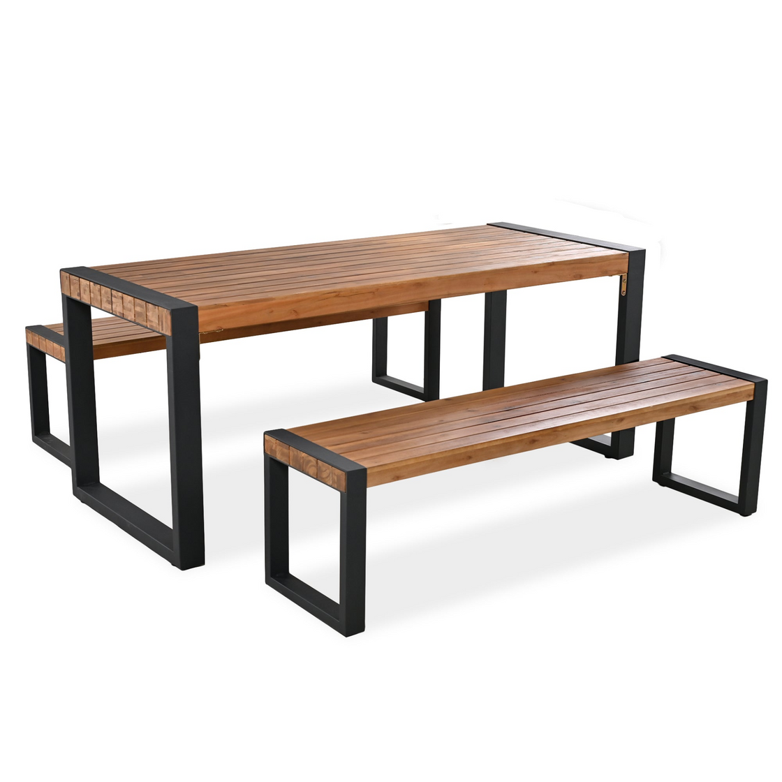 3-Piece Outdoor Dining Table Set with 2 Benches | Unique Top Texture, Acacia Wood & Steel Frame | All Weather Use | For Outdoor & Indoor | Natural