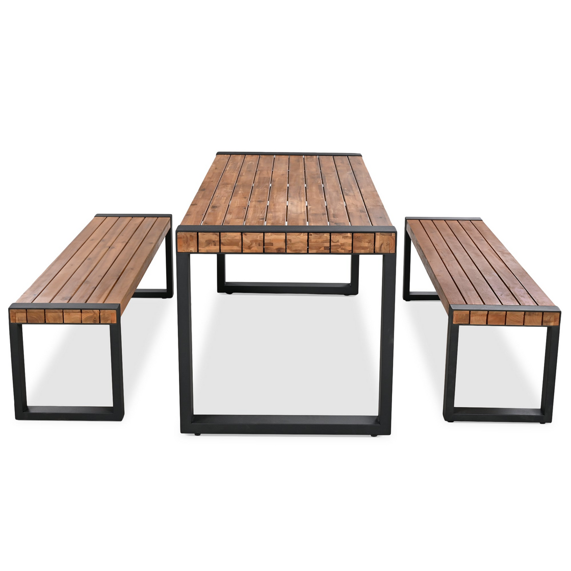 3-Piece Outdoor Dining Table Set with 2 Benches | Unique Top Texture, Acacia Wood & Steel Frame | All Weather Use | For Outdoor & Indoor | Natural