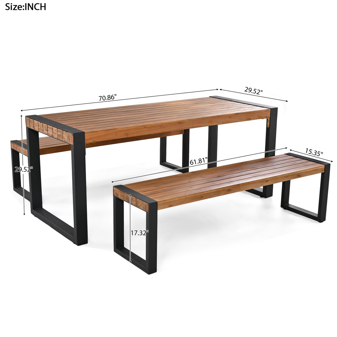 3-Piece Outdoor Dining Table Set with 2 Benches | Unique Top Texture, Acacia Wood & Steel Frame | All Weather Use | For Outdoor & Indoor | Natural