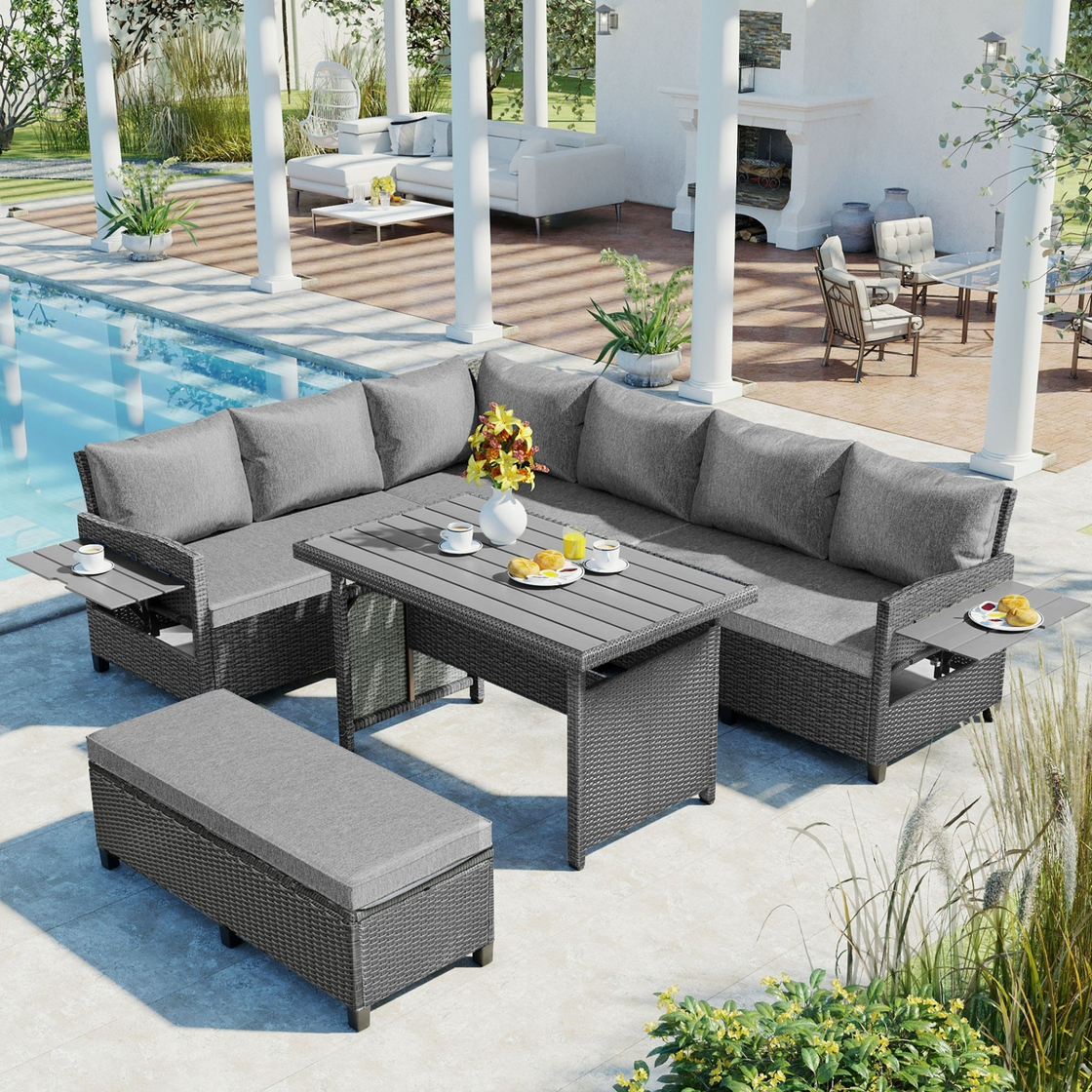 5-Piece Outdoor Patio Rattan Sofa Set | Sectional PE Wicker L-Shaped Garden Furniture Set | Extendable Side Tables, Dining Table, Washable Covers | Gray