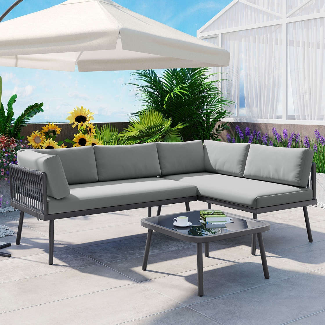 Modern Outdoor 3-Piece PE Rattan Sofa Set - All Weather Patio Metal Sectional Furniture Set with Cushions and Glass Table - Gray, L-Shaped