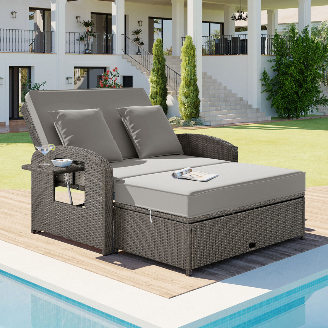 PE Wicker Rattan Double Chaise Lounge, 2-Person Reclining Daybed with Adjustable Back and Cushions, Free Furniture Protection Cover,Gray