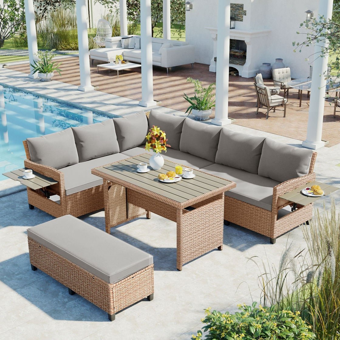 5-Piece Outdoor Patio Rattan Sofa Set, Sectional PE Wicker L-Shaped Garden Furniture Set with 2 Extendable Side Tables, Dining Table and Washable Covers, Brown