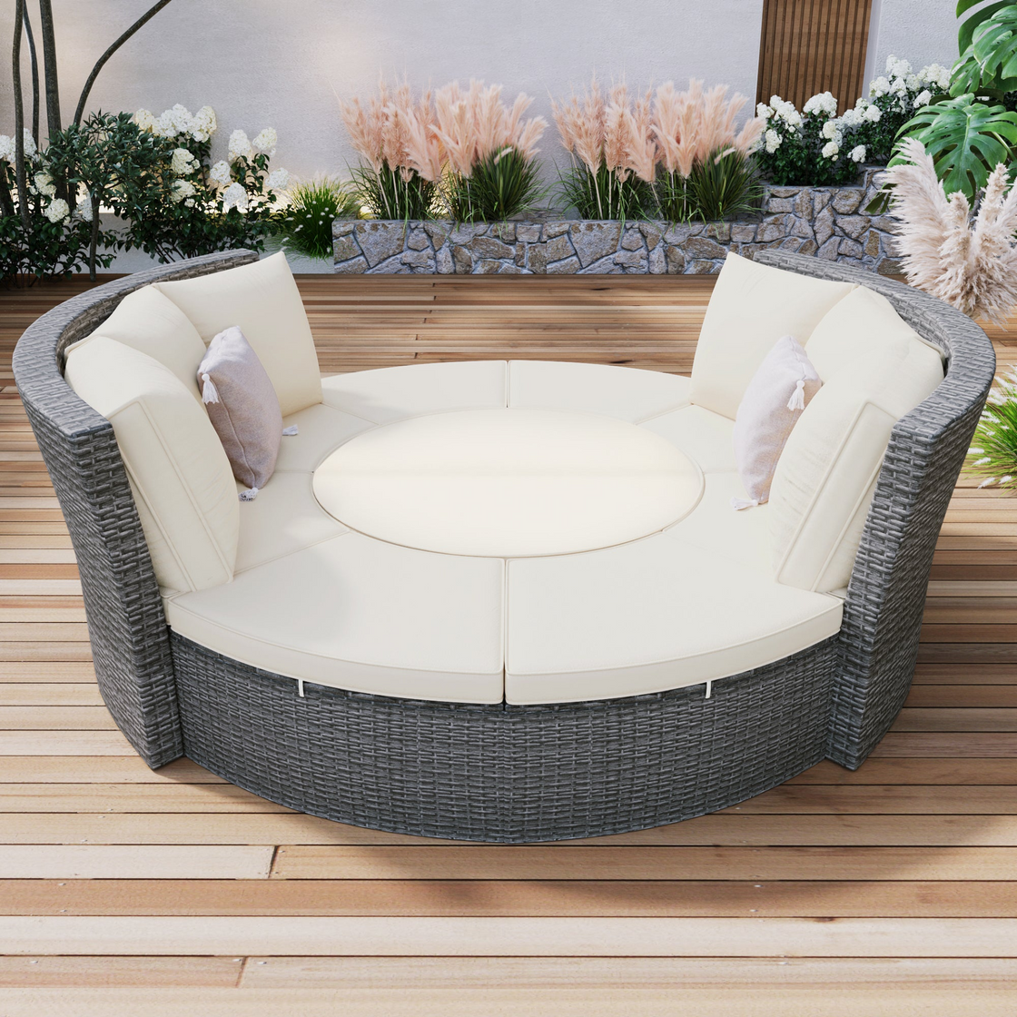 Patio 5-Piece Round Rattan Sectional Sofa Set All-Weather PE Wicker Sunbed Daybed with Round Liftable Table and Washable Cushions for Outdoor Backyard Poolside, Beige