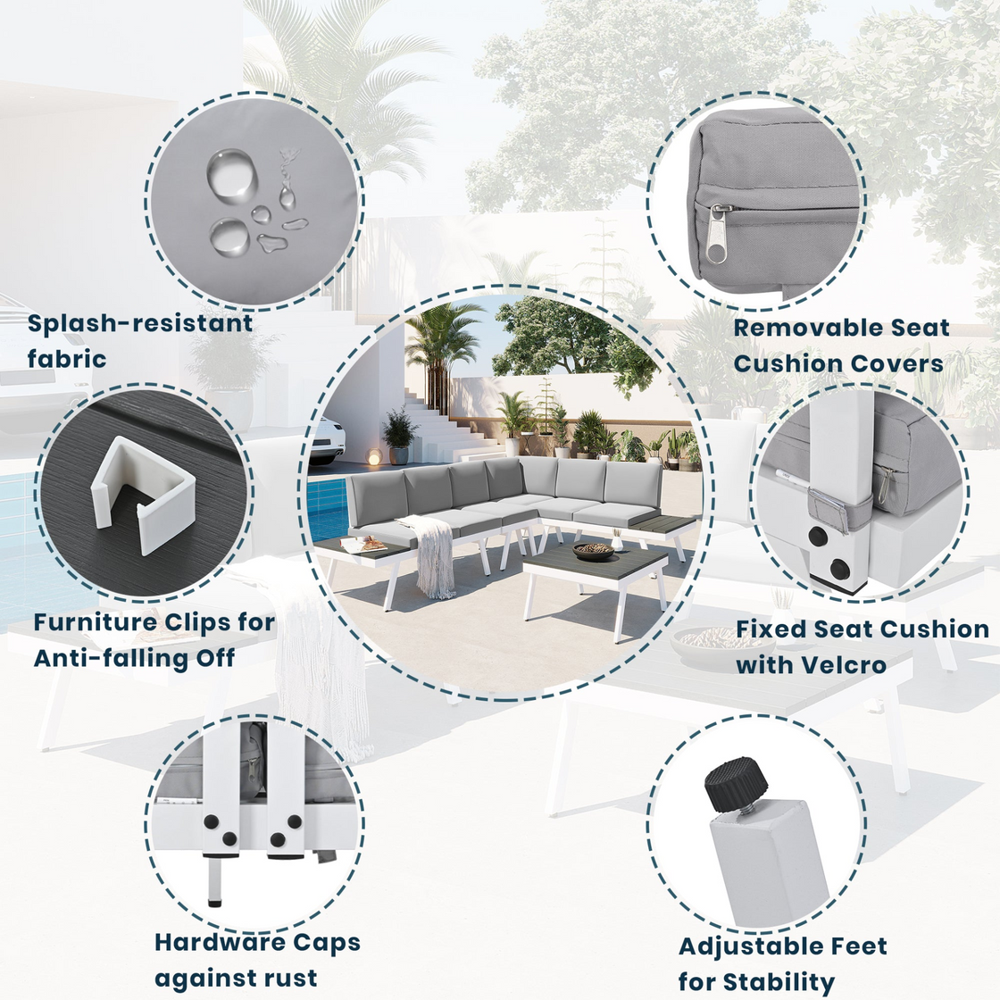 Industrial 5-Piece Aluminum Outdoor Patio Furniture Set, Modern Garden Sectional Sofa Set with End Tables, Coffee Table and Furniture Clips for Backyard, White+Grey