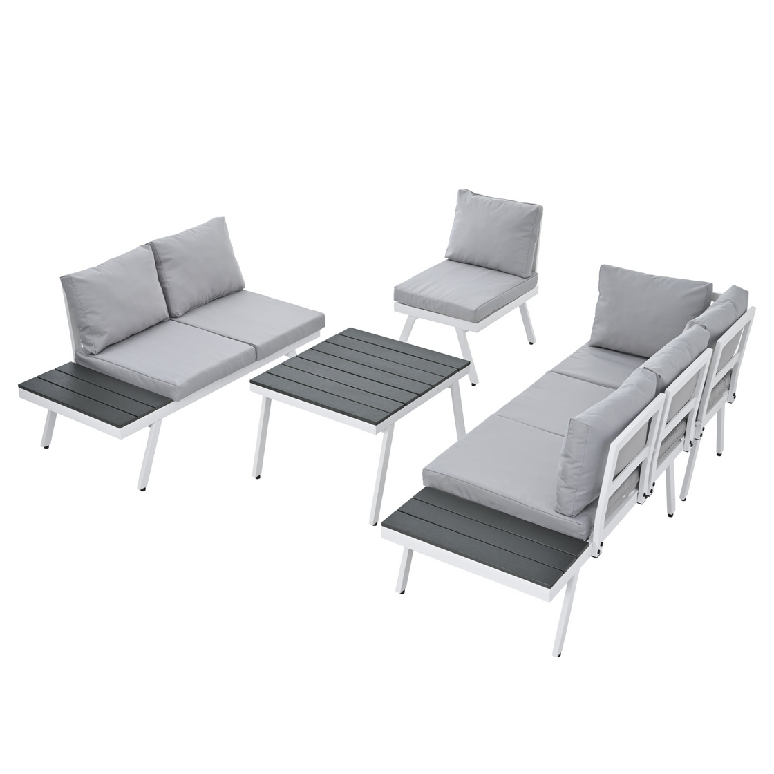 Industrial 5-Piece Aluminum Outdoor Patio Furniture Set, Modern Garden Sectional Sofa Set with End Tables, Coffee Table and Furniture Clips for Backyard, White+Grey