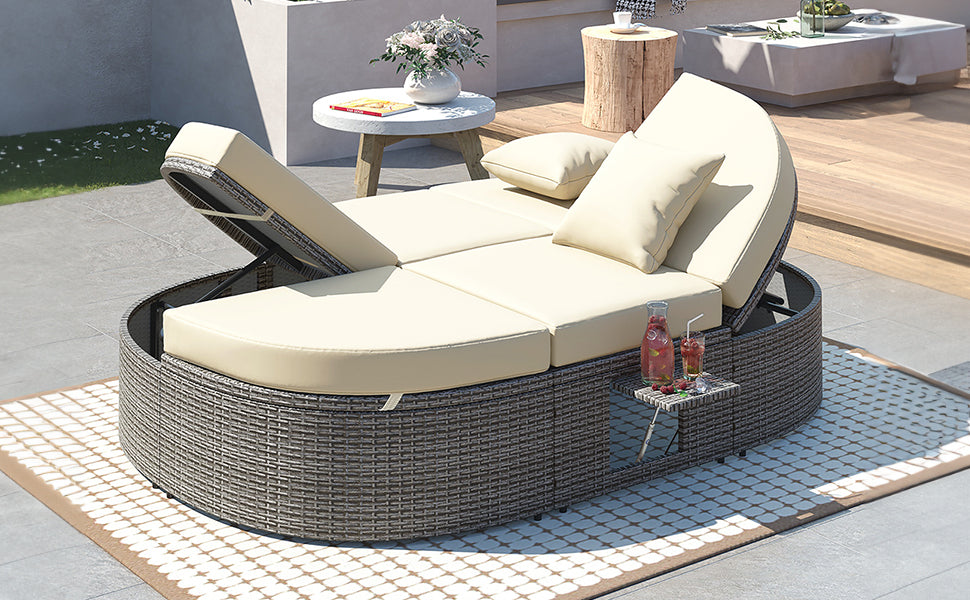 Outdoor Sun Bed Patio 2-Person Daybed with Cushions and Pillows, Rattan Garden Reclining Chaise Lounge with Adjustable Backrests and Foldable Cup Trays for Lawn, Poolside, Beige