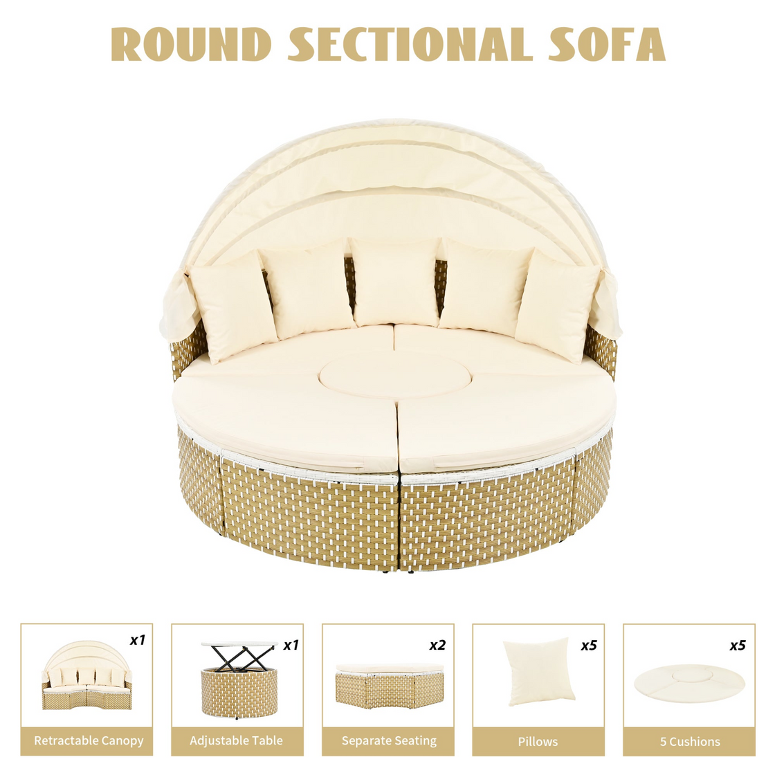 Patio Furniture Round Outdoor Sectional Sofa Set Rattan Daybed with Canopy, Beige