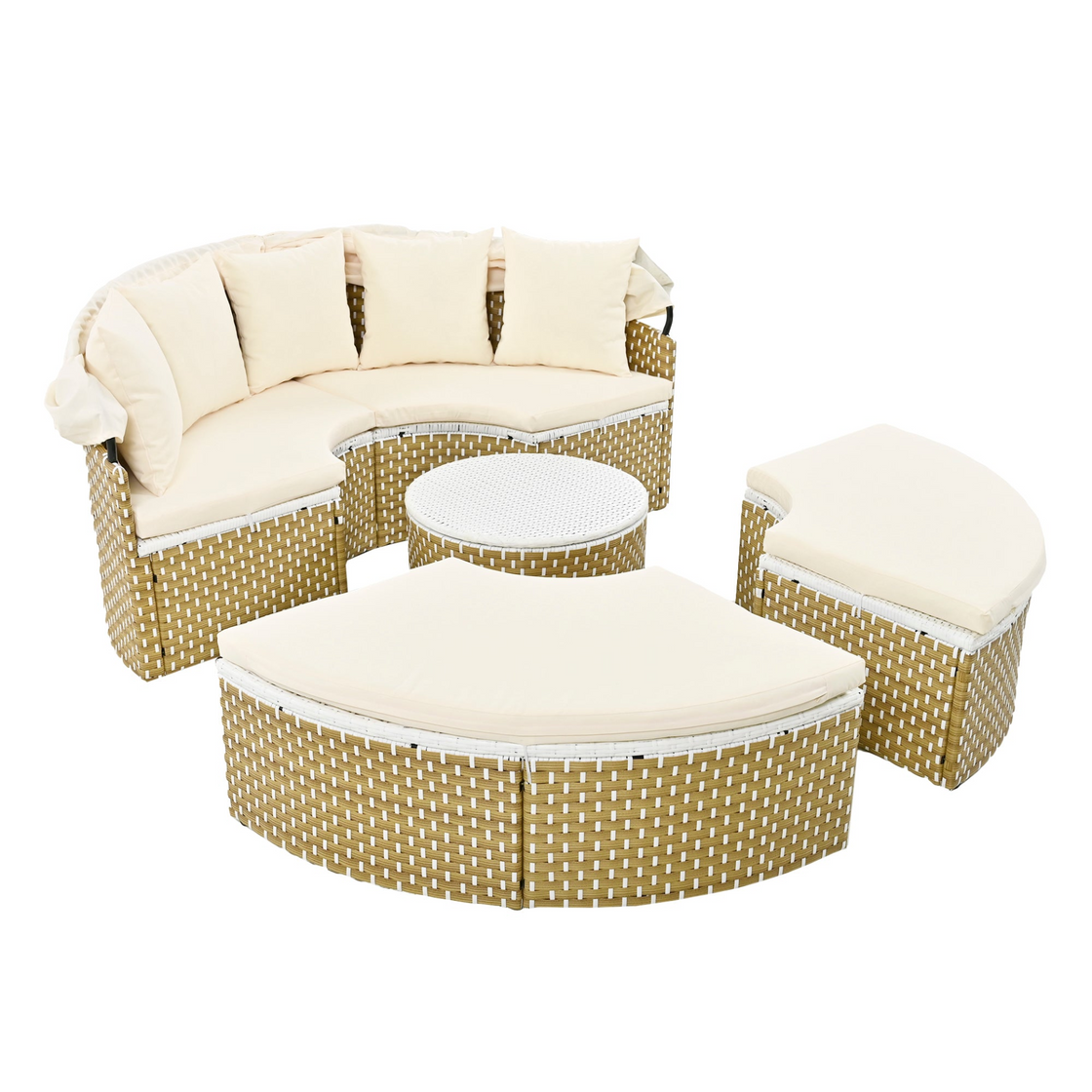 Patio Furniture Round Outdoor Sectional Sofa Set Rattan Daybed with Canopy, Beige