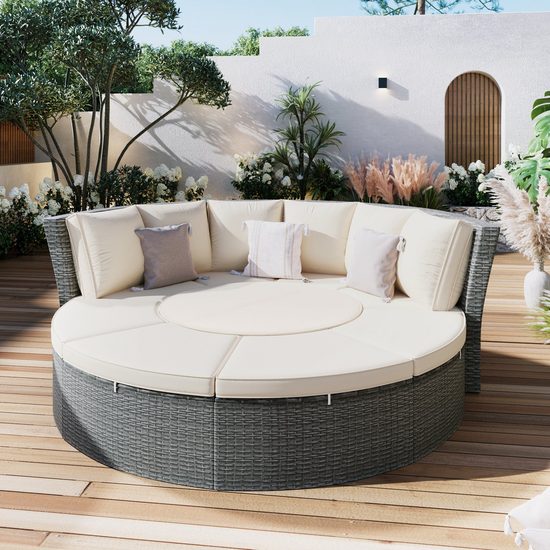 Patio 5-Piece Round Rattan Sectional Sofa Set All-Weather PE Wicker Sunbed Daybed with Round Liftable Table and Washable Cushions for Outdoor Backyard Poolside, Beige