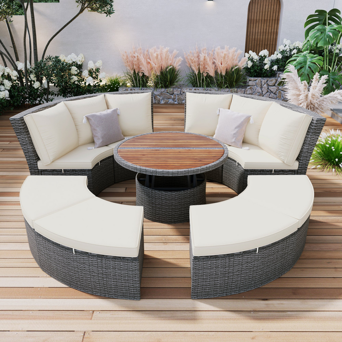 Patio 5-Piece Round Rattan Sectional Sofa Set All-Weather PE Wicker Sunbed Daybed with Round Liftable Table and Washable Cushions for Outdoor Backyard Poolside, Beige