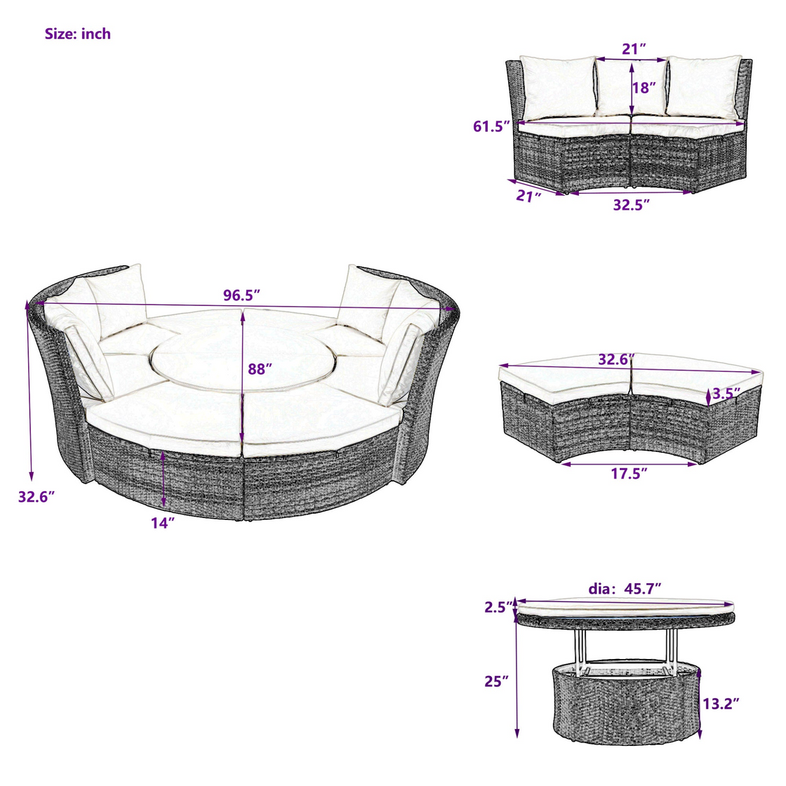 Patio 5-Piece Round Rattan Sectional Sofa Set All-Weather PE Wicker Sunbed Daybed with Round Liftable Table and Washable Cushions for Outdoor Backyard Poolside, Beige