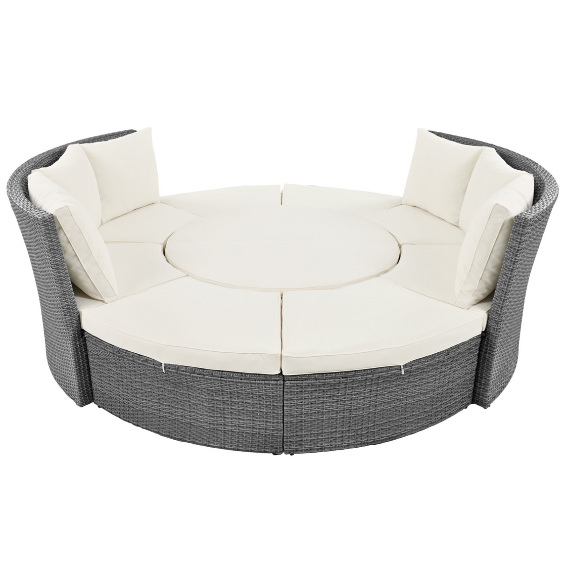 Patio 5-Piece Round Rattan Sectional Sofa Set All-Weather PE Wicker Sunbed Daybed with Round Liftable Table and Washable Cushions for Outdoor Backyard Poolside, Beige