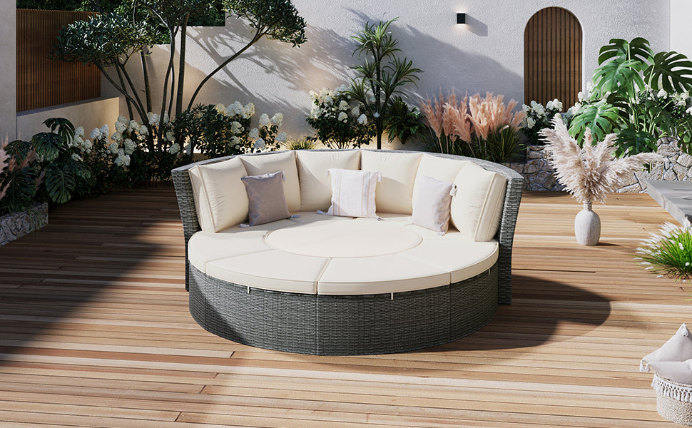 Patio 5-Piece Round Rattan Sectional Sofa Set All-Weather PE Wicker Sunbed Daybed with Round Liftable Table and Washable Cushions for Outdoor Backyard Poolside, Beige