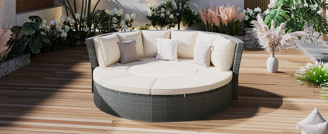 Patio 5-Piece Round Rattan Sectional Sofa Set All-Weather PE Wicker Sunbed Daybed with Round Liftable Table and Washable Cushions for Outdoor Backyard Poolside, Beige