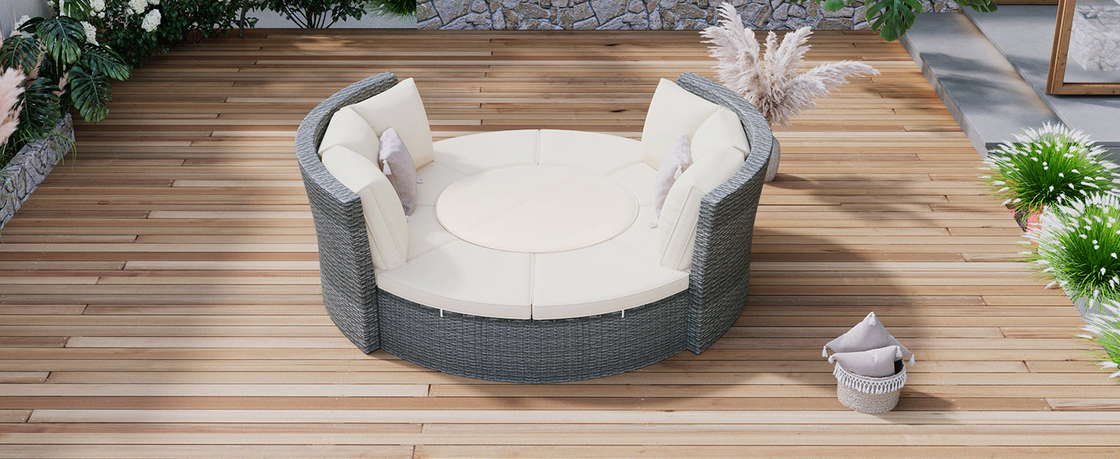 Patio 5-Piece Round Rattan Sectional Sofa Set All-Weather PE Wicker Sunbed Daybed with Round Liftable Table and Washable Cushions for Outdoor Backyard Poolside, Beige