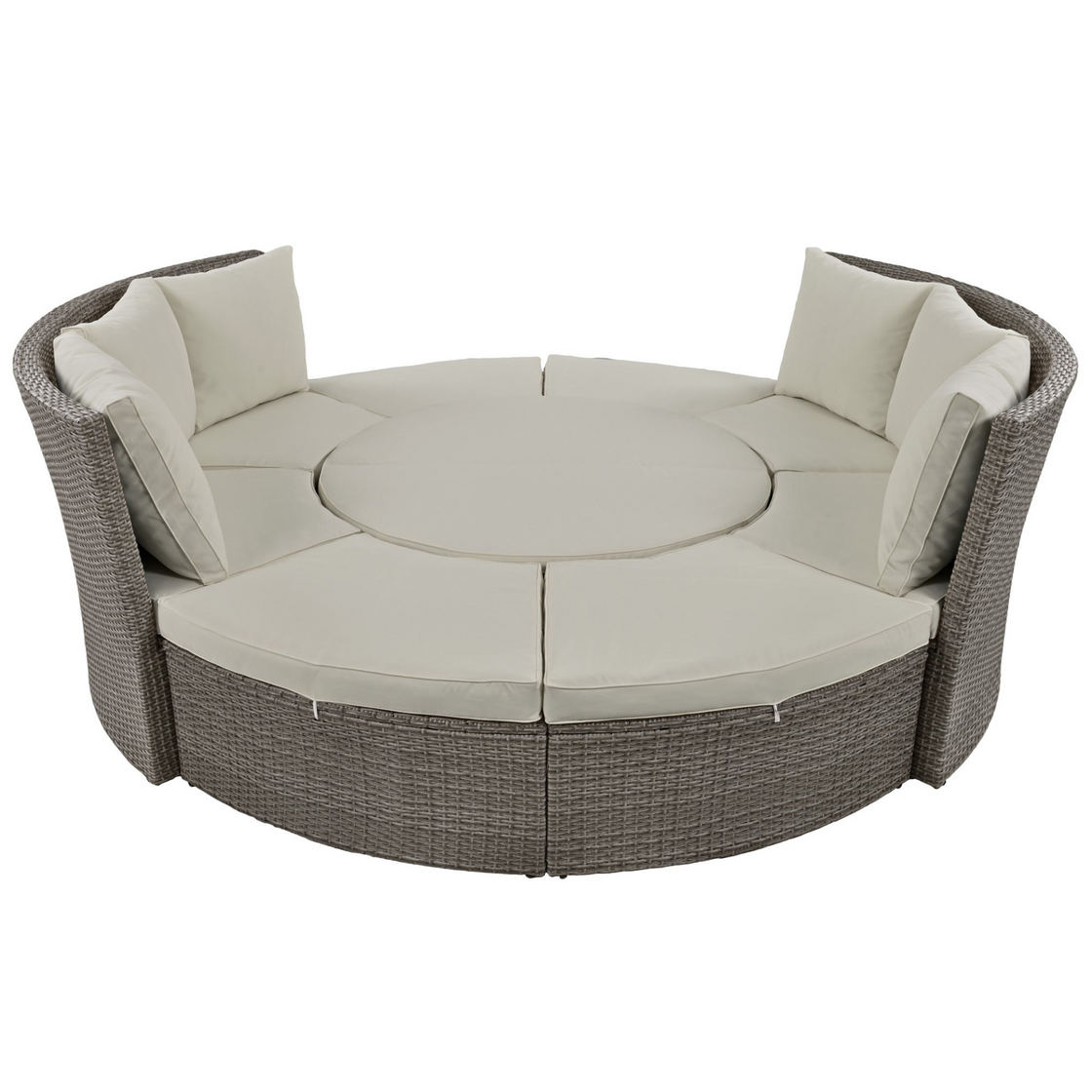 Patio 5-Piece Round Rattan Sectional Sofa Set All-Weather PE Wicker Sunbed Daybed with Round Liftable Table and Washable Cushions for Outdoor Backyard Poolside, Gray