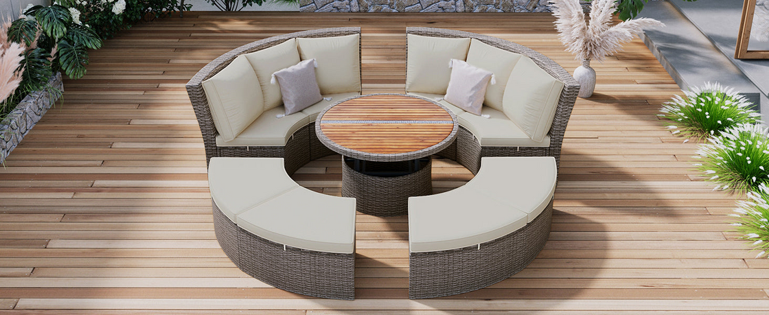 Patio 5-Piece Round Rattan Sectional Sofa Set All-Weather PE Wicker Sunbed Daybed with Round Liftable Table and Washable Cushions for Outdoor Backyard Poolside, Gray