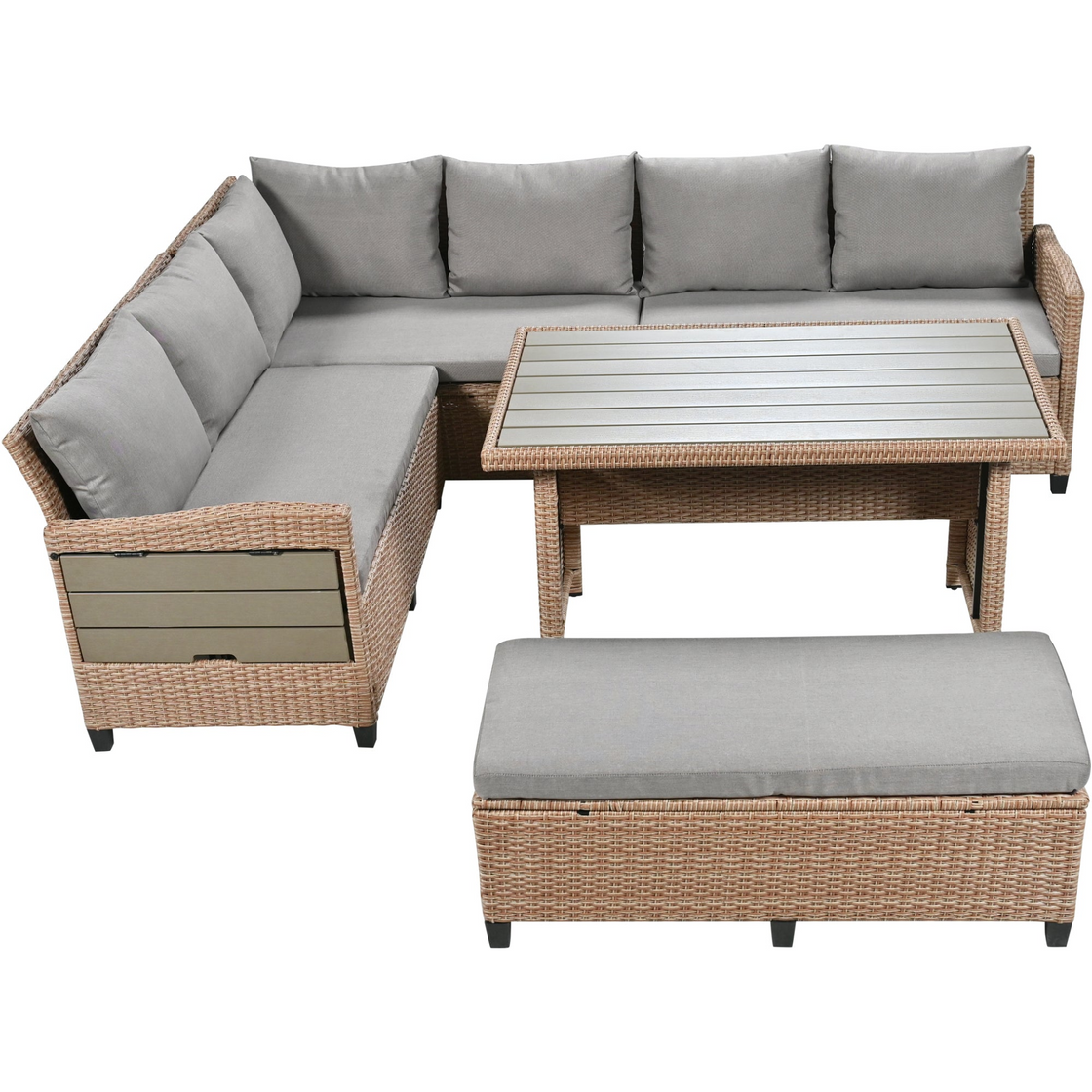 5-Piece Outdoor Patio Rattan Sofa Set, Sectional PE Wicker L-Shaped Garden Furniture Set with 2 Extendable Side Tables, Dining Table and Washable Covers, Brown