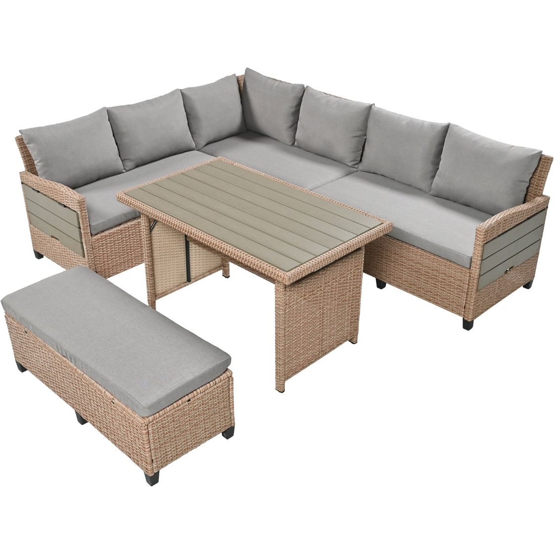 5-Piece Outdoor Patio Rattan Sofa Set, Sectional PE Wicker L-Shaped Garden Furniture Set with 2 Extendable Side Tables, Dining Table and Washable Covers, Brown