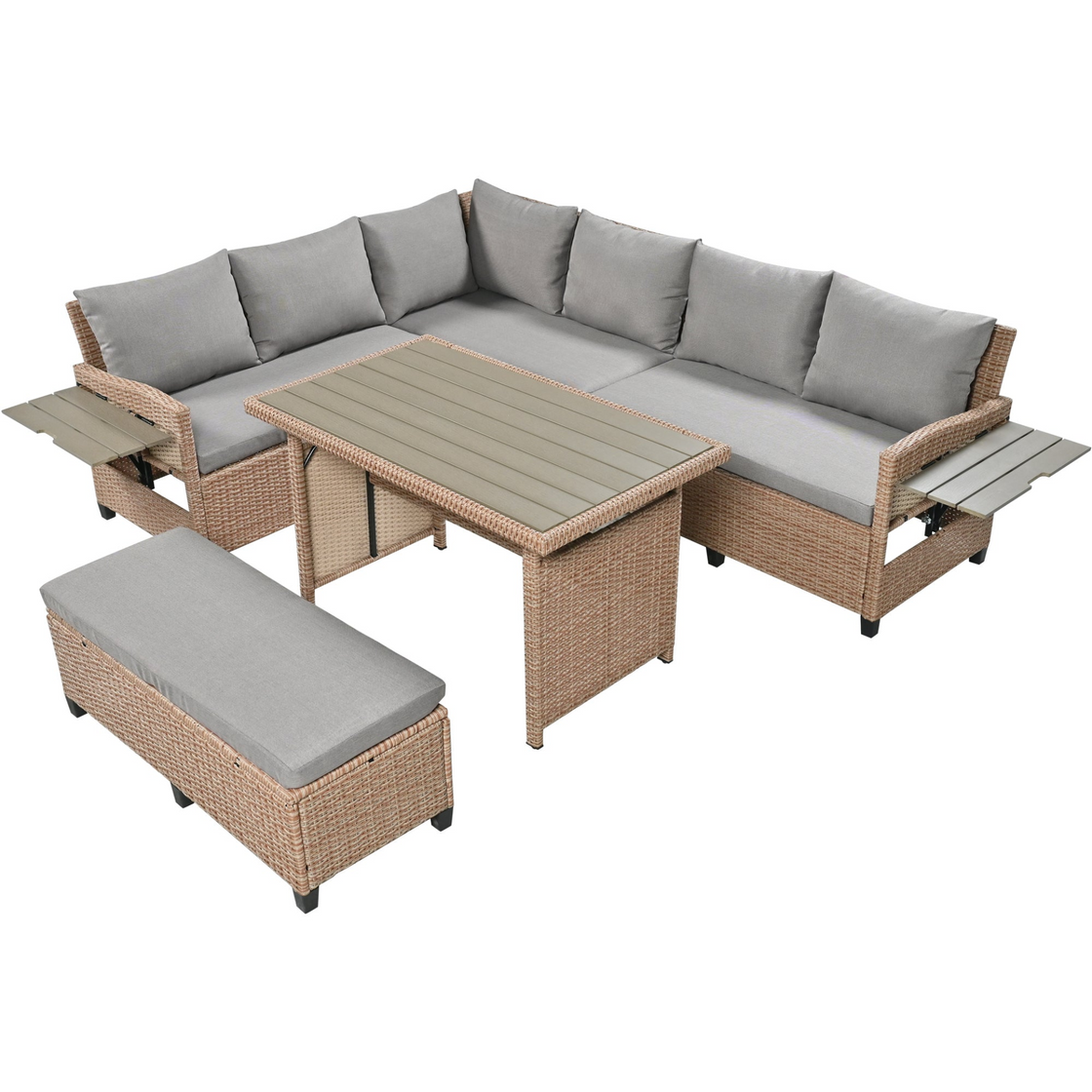 5-Piece Outdoor Patio Rattan Sofa Set, Sectional PE Wicker L-Shaped Garden Furniture Set with 2 Extendable Side Tables, Dining Table and Washable Covers, Brown