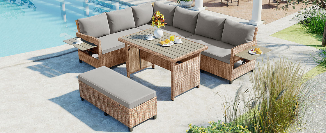 5-Piece Outdoor Patio Rattan Sofa Set, Sectional PE Wicker L-Shaped Garden Furniture Set with 2 Extendable Side Tables, Dining Table and Washable Covers, Brown