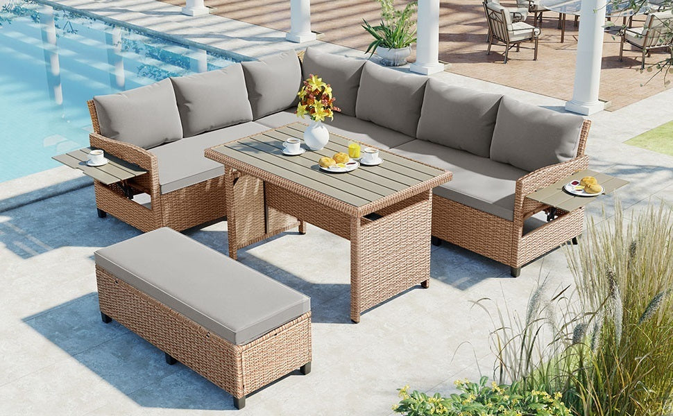 5-Piece Outdoor Patio Rattan Sofa Set, Sectional PE Wicker L-Shaped Garden Furniture Set with 2 Extendable Side Tables, Dining Table and Washable Covers, Brown