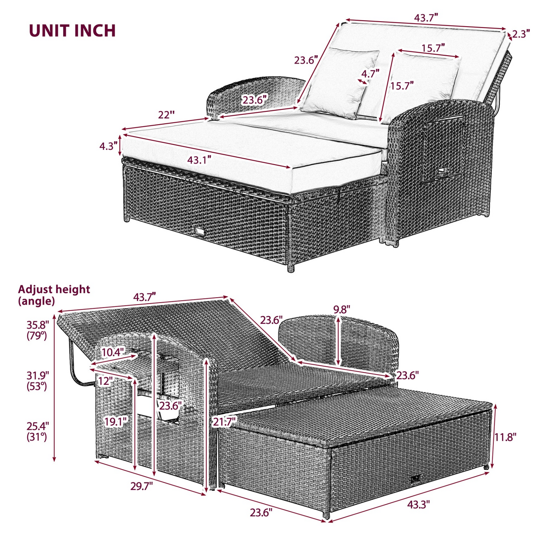 PE Wicker Rattan Double Chaise Lounge, 2-Person Reclining Daybed with Adjustable Back and Cushions, Free Furniture Protection Cover, White