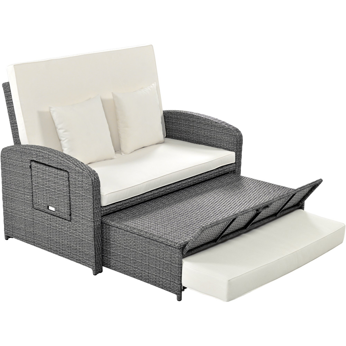 PE Wicker Rattan Double Chaise Lounge, 2-Person Reclining Daybed with Adjustable Back and Cushions, Free Furniture Protection Cover, White